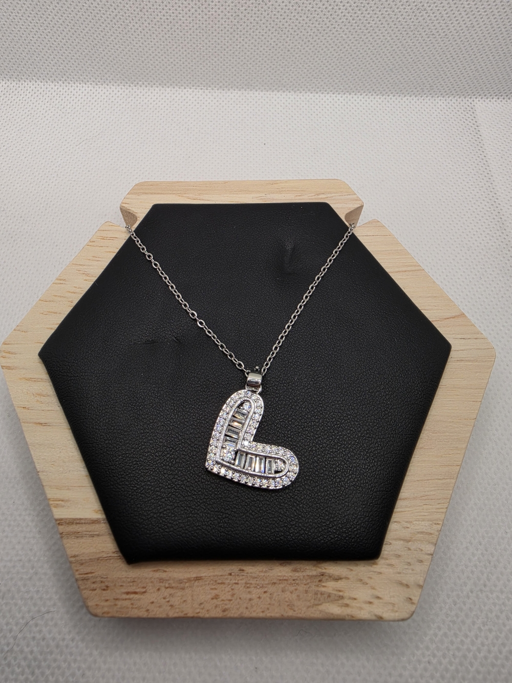 Silver Tone Heart Pendant Necklace with Clear Cubic Zircon Stones
